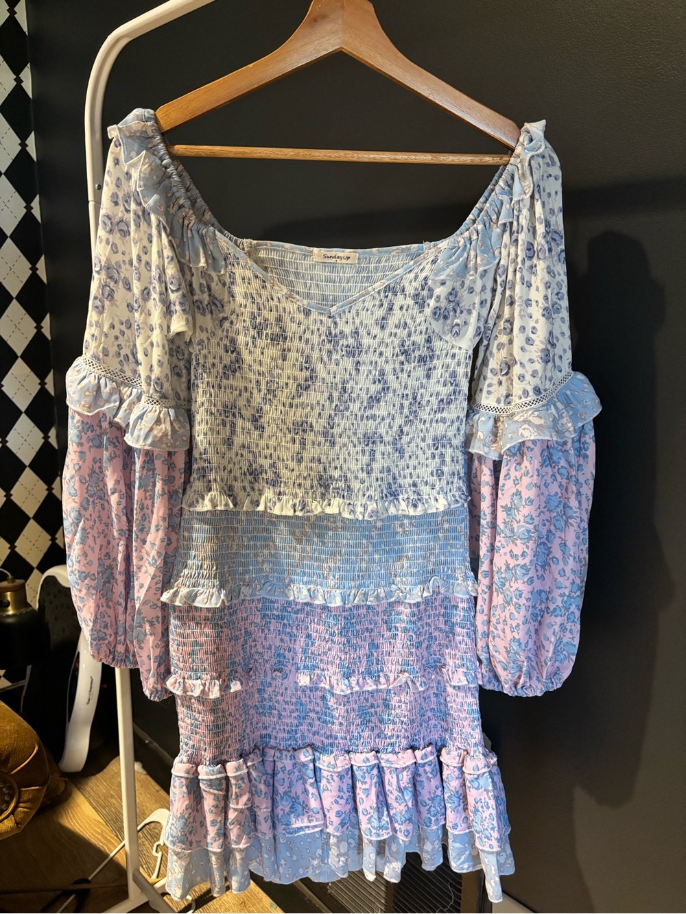 Sunday Up Brand Floral Smocked Tiered Long-Sleeve Dress in Blue and Pink